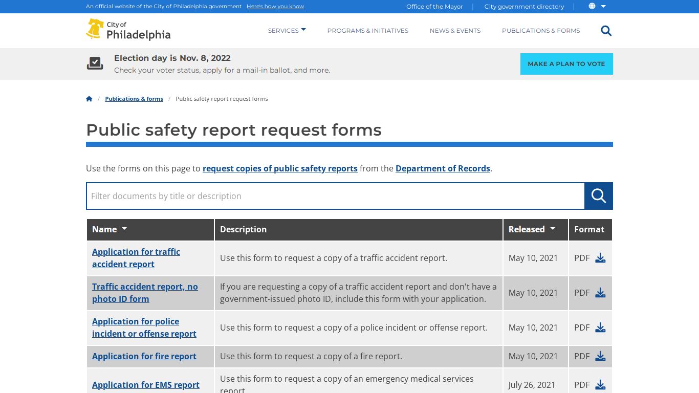 Public safety report request forms | Department of Records